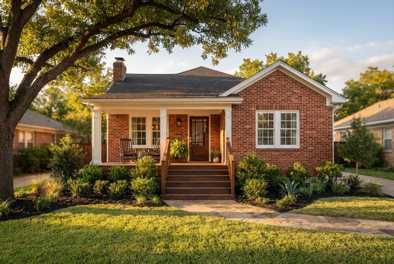 Front view of a red-brick bungalow with a covered porch, wooden steps, landscaped garden, and large shade tree.