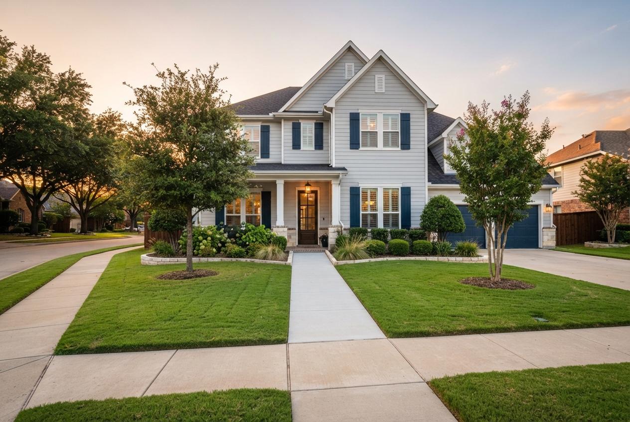 Two-story gray suburban house with blue shutters, manicured lawn, sidewalk, and trees at sunset.