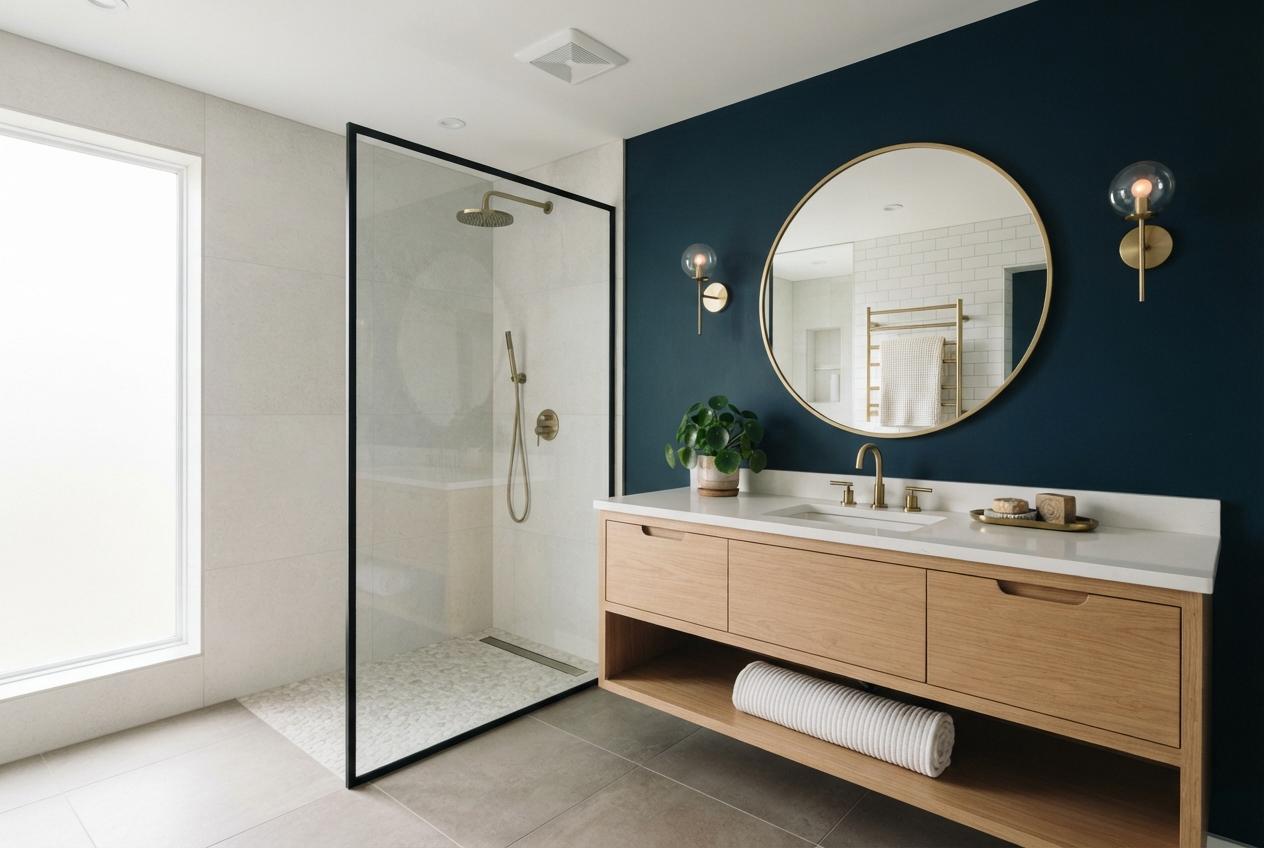 Modern bathroom with a glass walk-in shower, floating wood vanity, round brass-framed mirror, and navy accent wall.