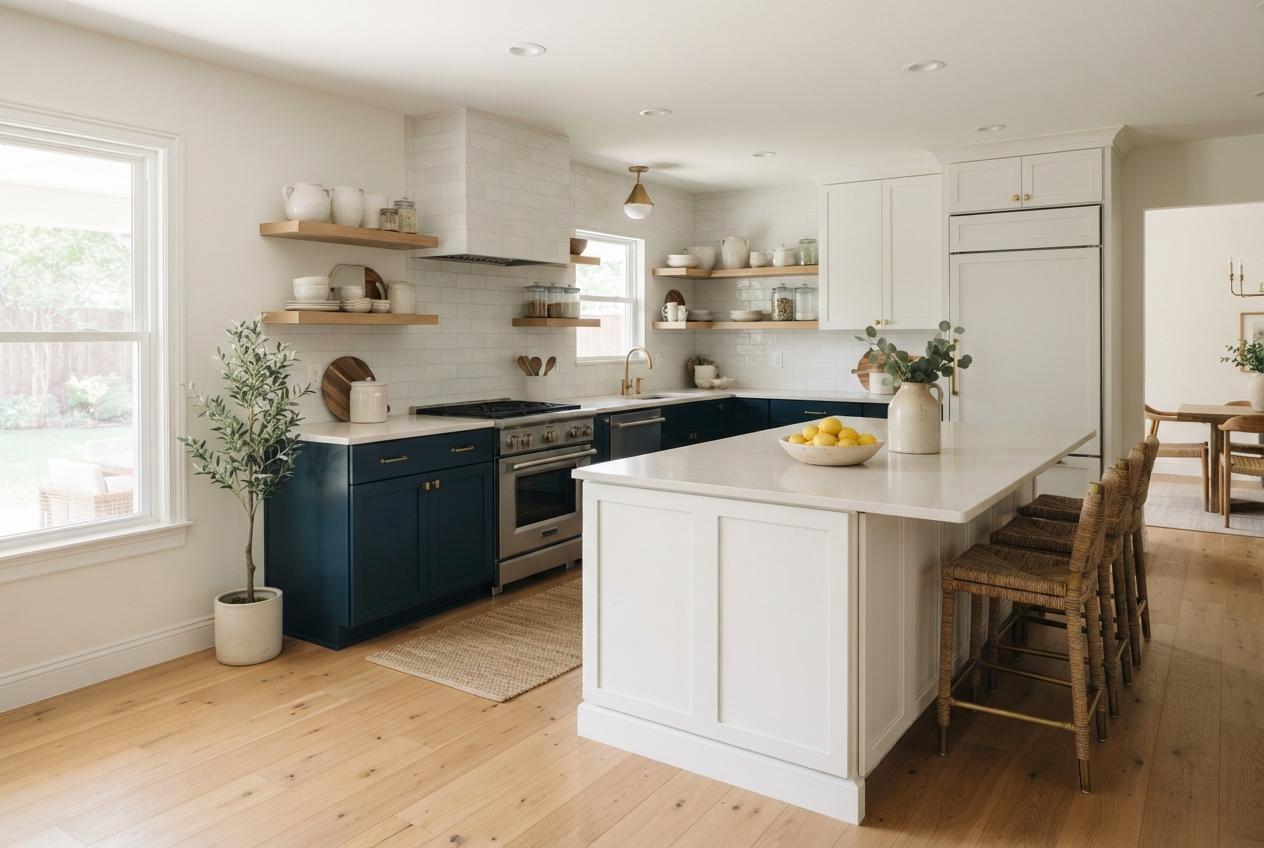 Bright white-and-navy kitchen with open shelves, central island, lemons, bar stools, and a dining area.