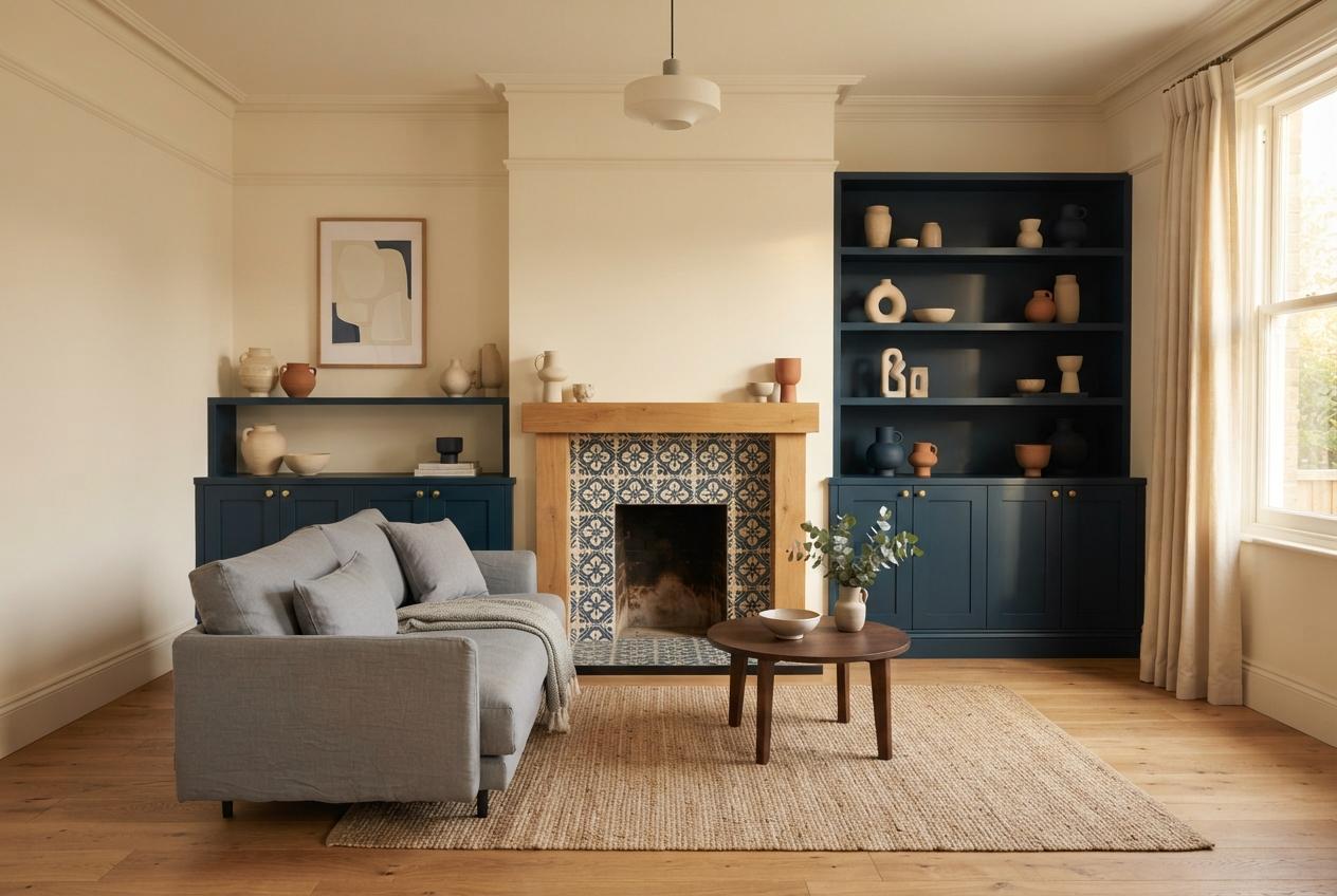 Warm living room with a gray sofa, tiled fireplace, navy built-ins, wooden table, and sunlit window.