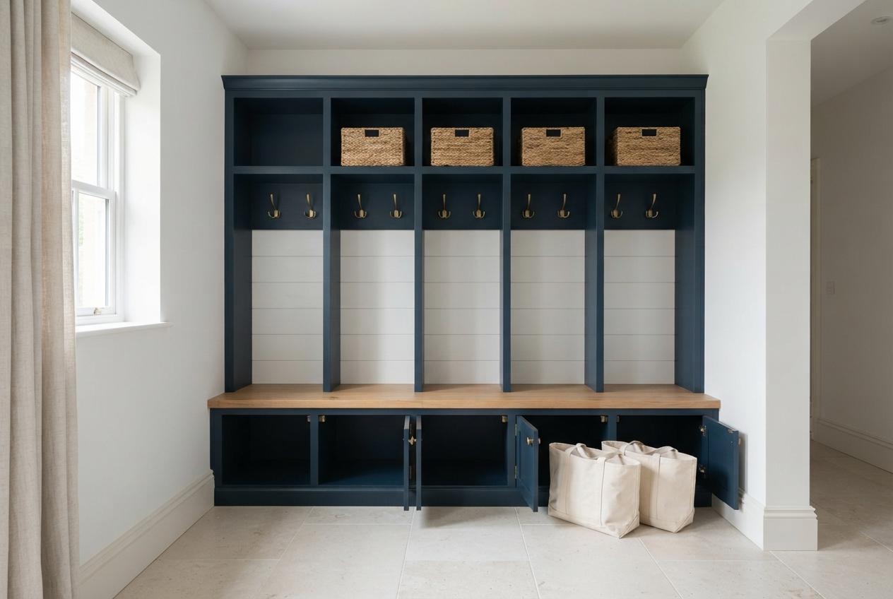 Navy built-in mudroom storage with baskets, hooks, bench, open cabinets, and canvas totes beside a window.