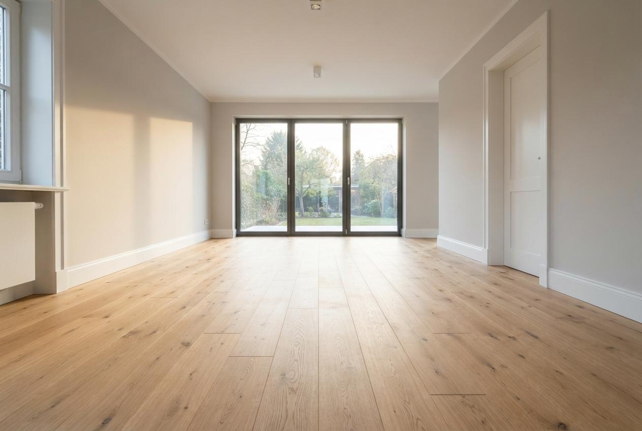 Empty bright room with wood floors, a radiator, a white door, and glass doors opening onto a garden.
