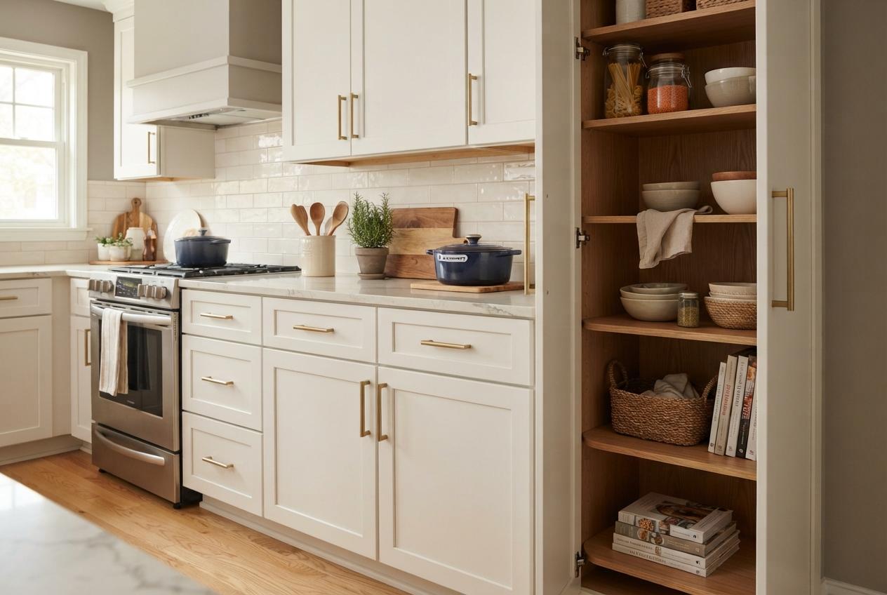 Bright white kitchen with brass hardware, stainless range, blue cookware, and an open wood pantry stocked with dishes and books.