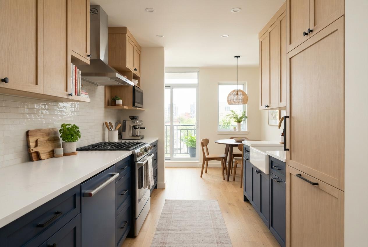 Bright galley kitchen with oak cabinets, navy lower units, white counters, and a small dining area by sunny windows.