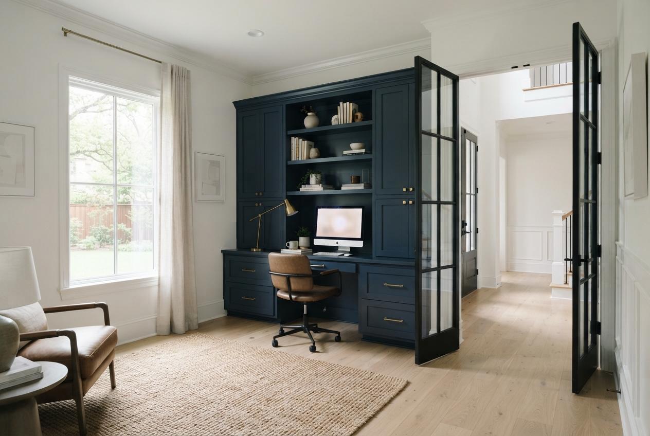 Bright home office with navy built-in cabinetry, desk, computer, lounge chair, window, and open glass doors.