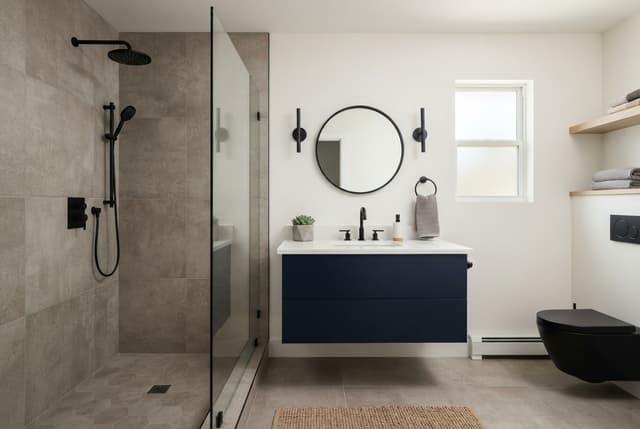 Modern bathroom with glass shower, navy floating vanity, round mirror, wall-mounted toilet, and towel shelves.