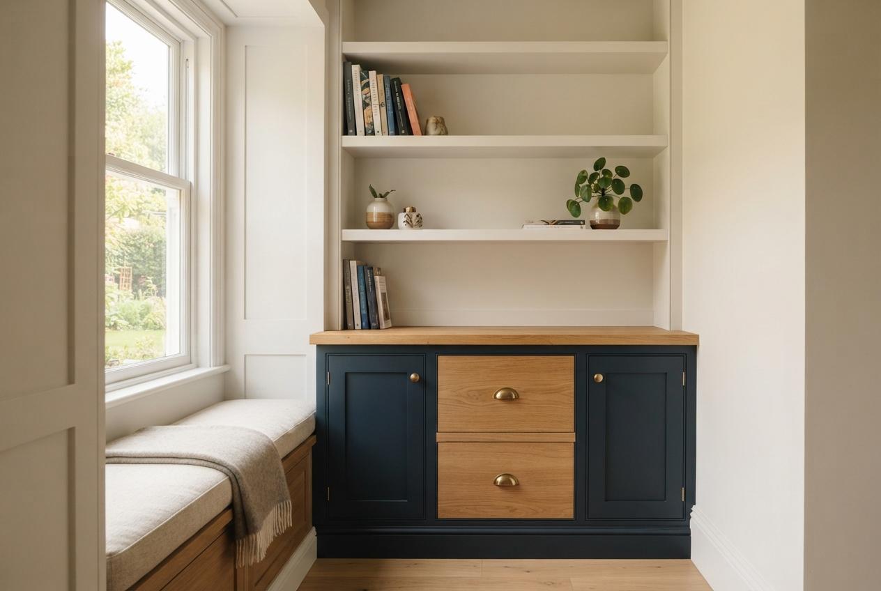 Built-in navy cabinet with wood drawers, open shelves, plants, books, and a cushioned window seat.