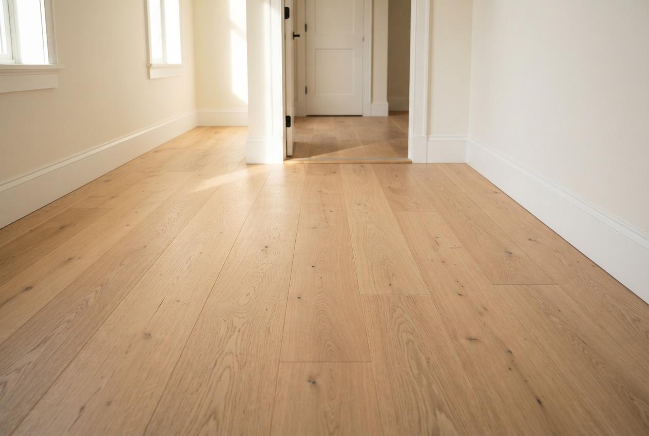 Empty sunlit room with light wood floors, white walls, windows, and open doors.