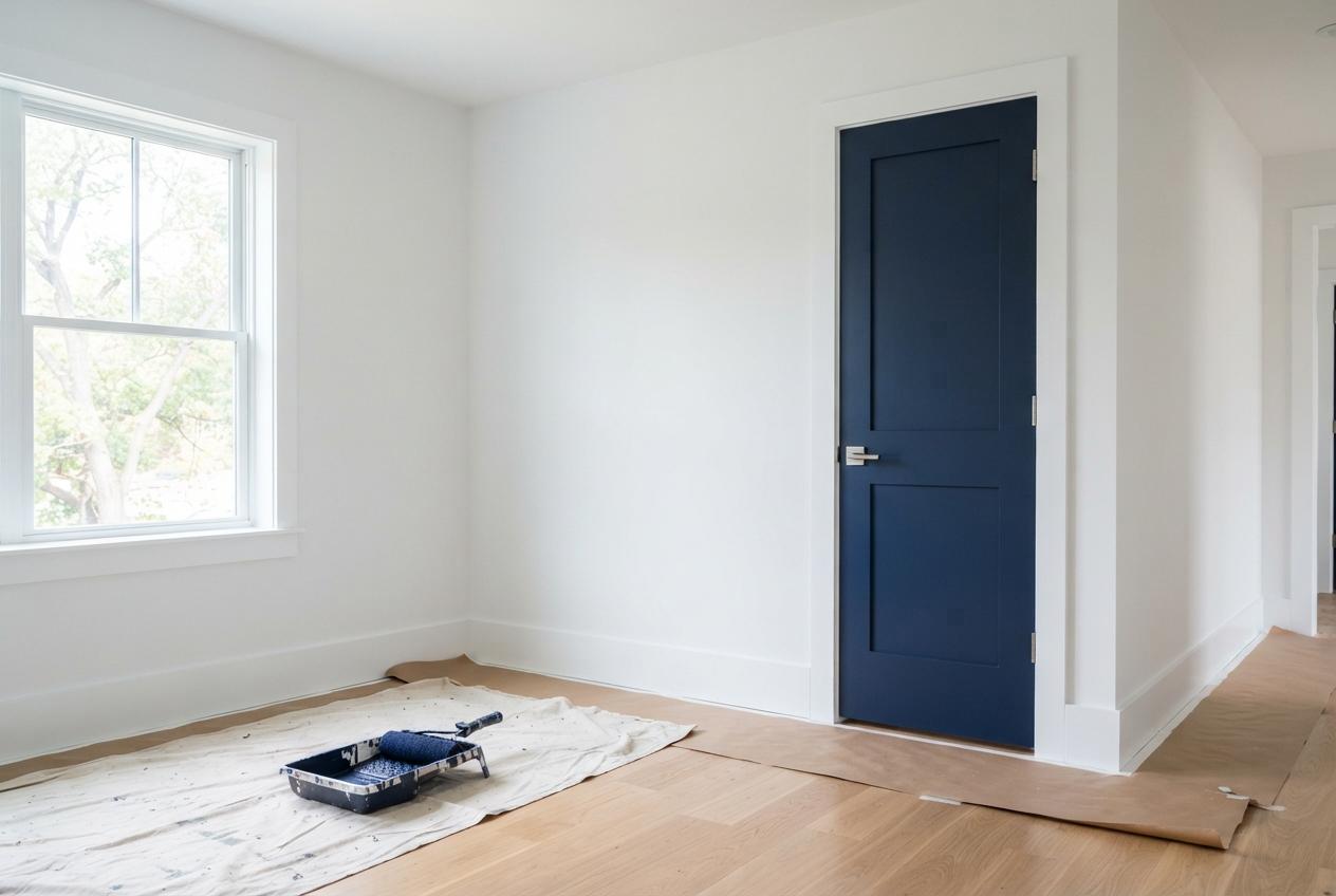 Bright white room under renovation with a navy door, window, covered wood floor, drop cloth, and paint tray.
