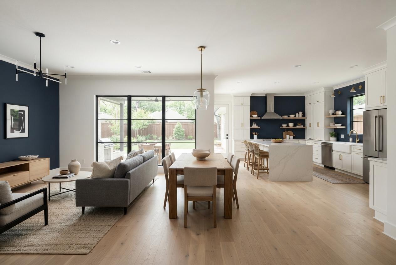 Bright open-plan living room, dining area, and navy-and-white kitchen with a backyard visible through glass doors.
