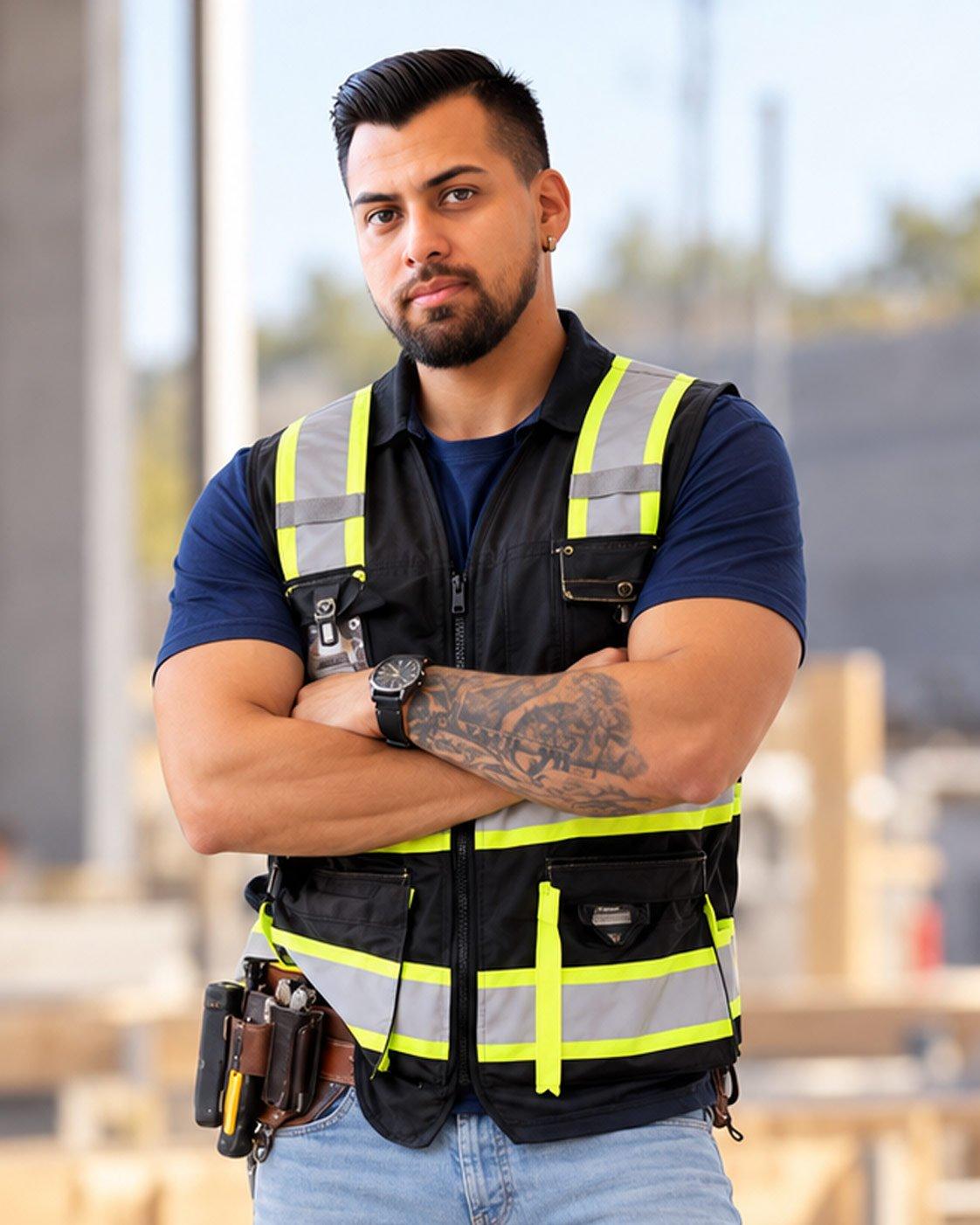 Bearded worker in a high-visibility safety vest stands with crossed arms at a blurred construction site.