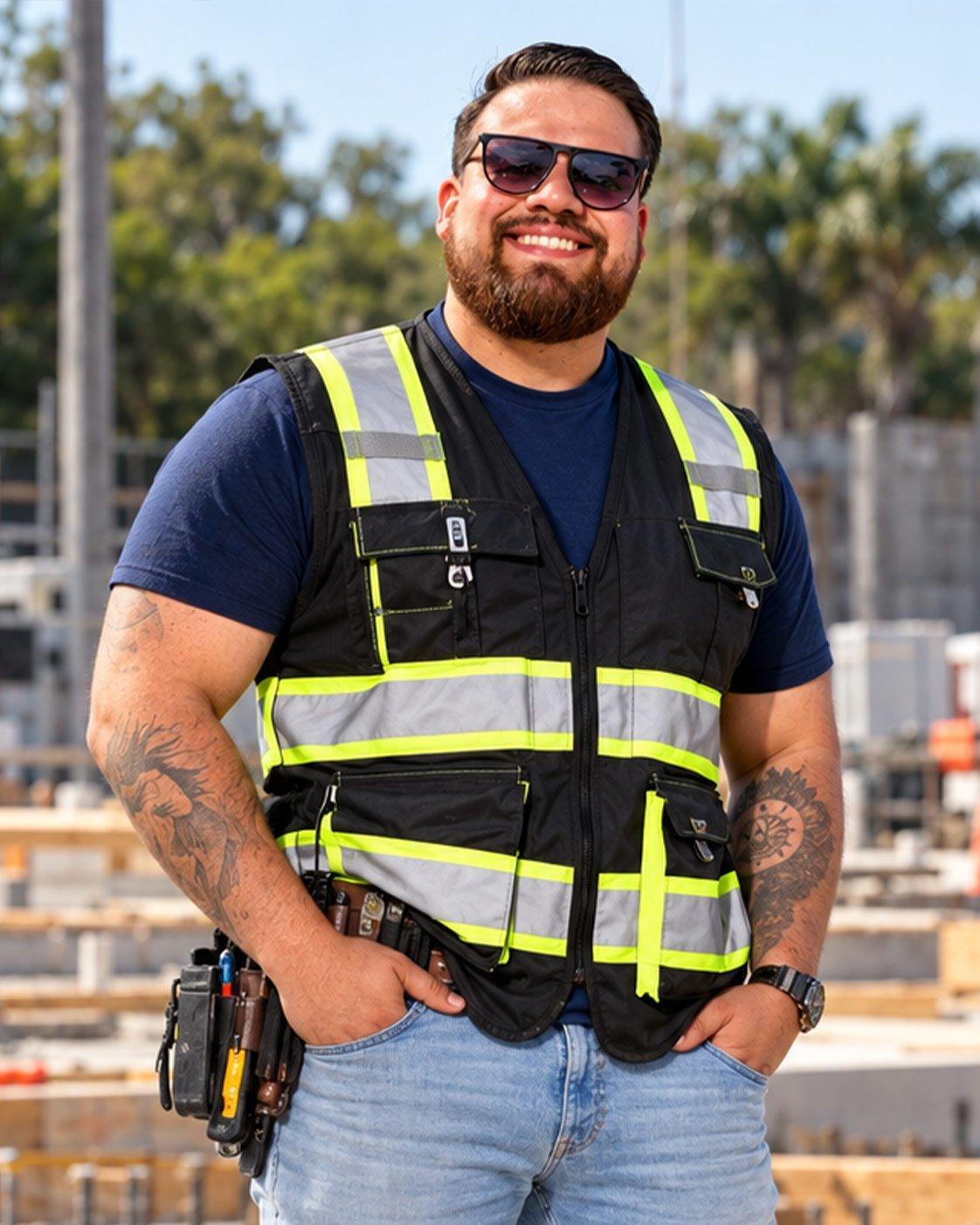Smiling construction worker in sunglasses and a reflective safety vest stands at an outdoor building site.