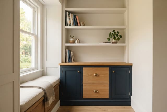 Built-in navy cabinet with wood drawers, open shelves, plants, books, and a cushioned window seat.